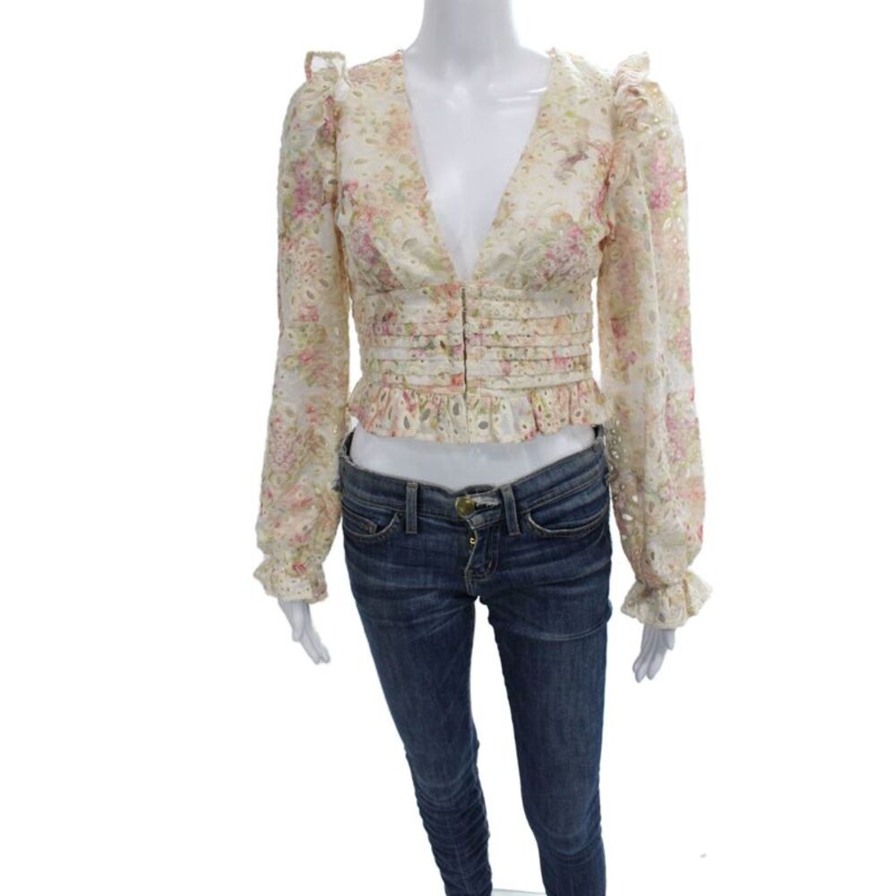 Line And Dot Women Cropped Blouse Ivory Floral V Neck Long Sleeve Size XS